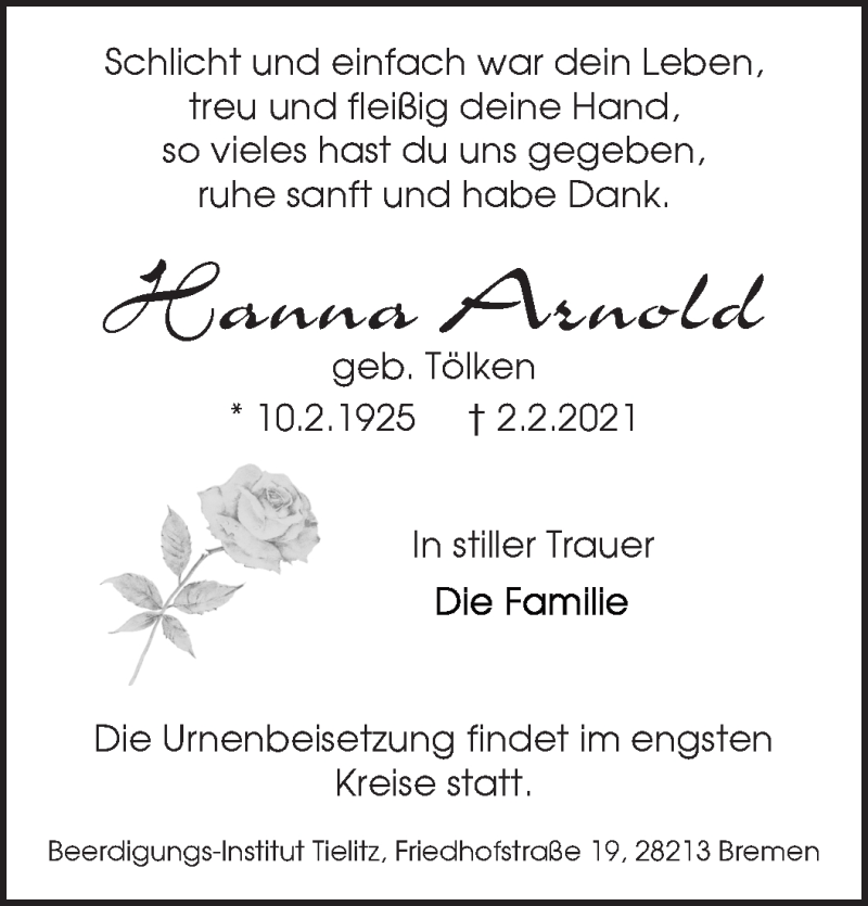 Traueranzeige von Hanna Arnold von WESER-KURIER