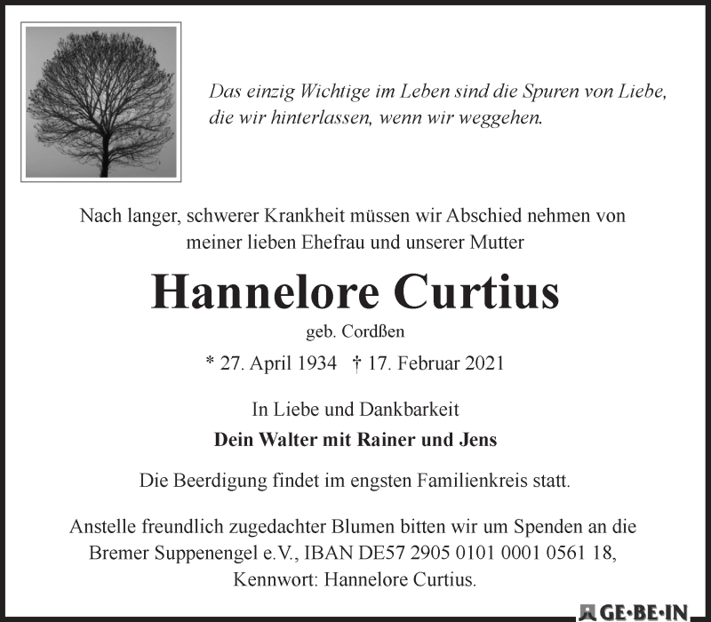 Traueranzeige von Hannelore Curtius von WESER-KURIER