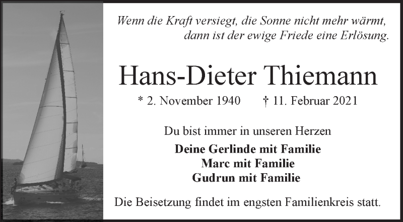 Traueranzeige von Hans-Dieter Thiemann von WESER-KURIER