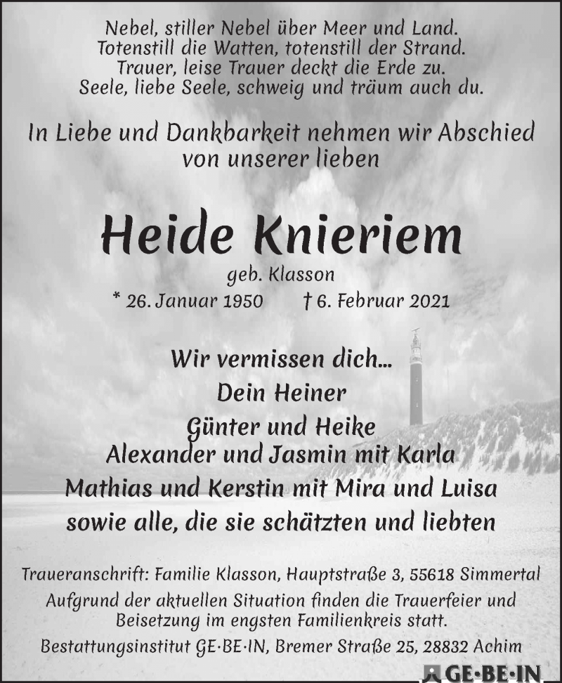 Traueranzeige von Heide Knieriem von WESER-KURIER