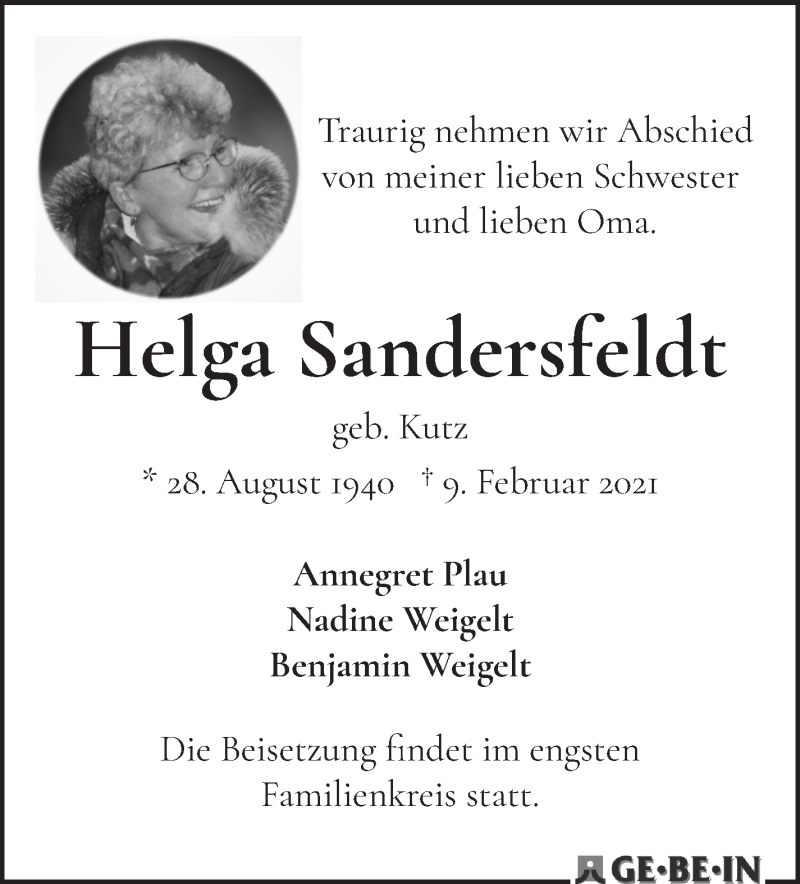 Traueranzeige von Helga Sandersfeldt von WESER-KURIER