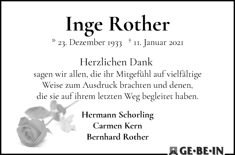 Traueranzeige von Inge Rother von WESER-KURIER