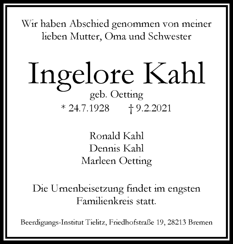 Traueranzeige von Ingelore Kahl von WESER-KURIER