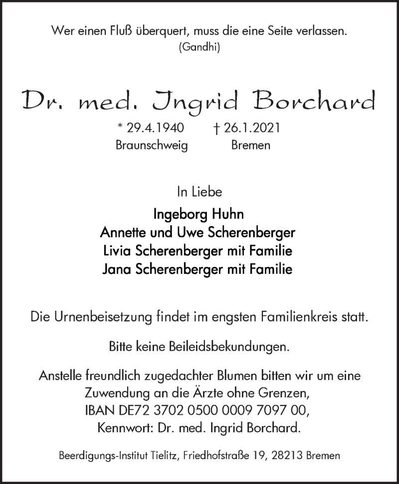 Traueranzeige von Ingrid Borchard von WESER-KURIER