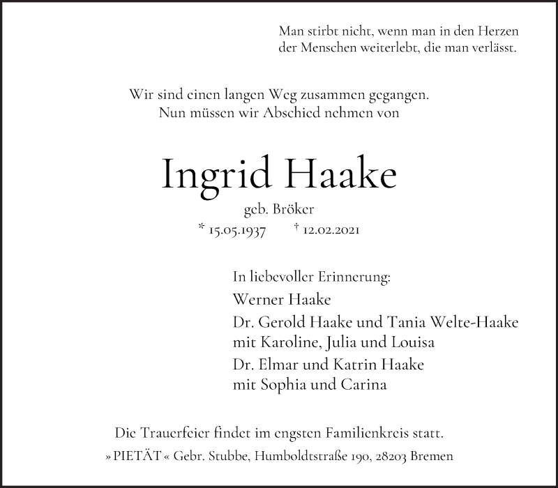 Traueranzeige von Ingrid Haake von WESER-KURIER