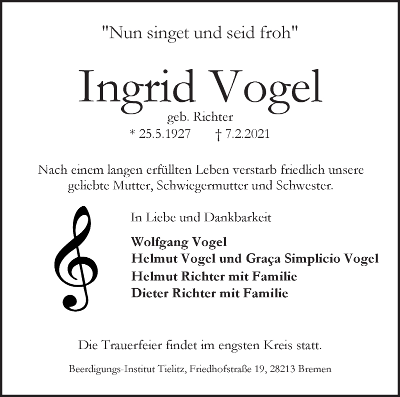 Traueranzeige von Ingrid Vogel von WESER-KURIER