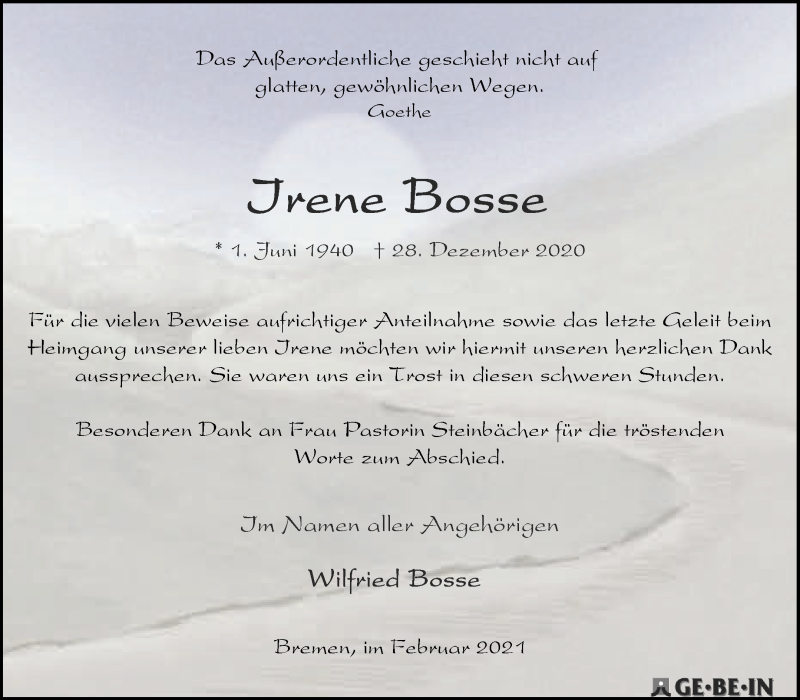 Traueranzeige von Irene Bosse von WESER-KURIER