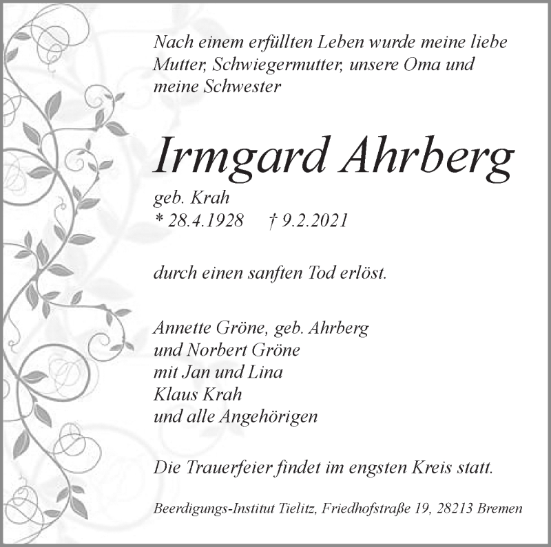 Traueranzeige von Irmgard Ahrberg von WESER-KURIER