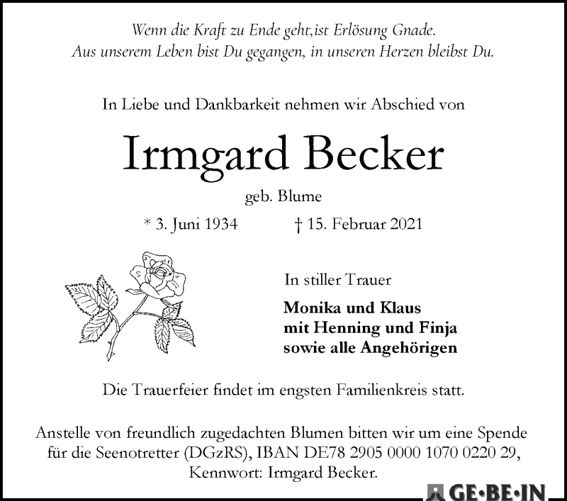 Traueranzeige von Irmgard Becker von WESER-KURIER