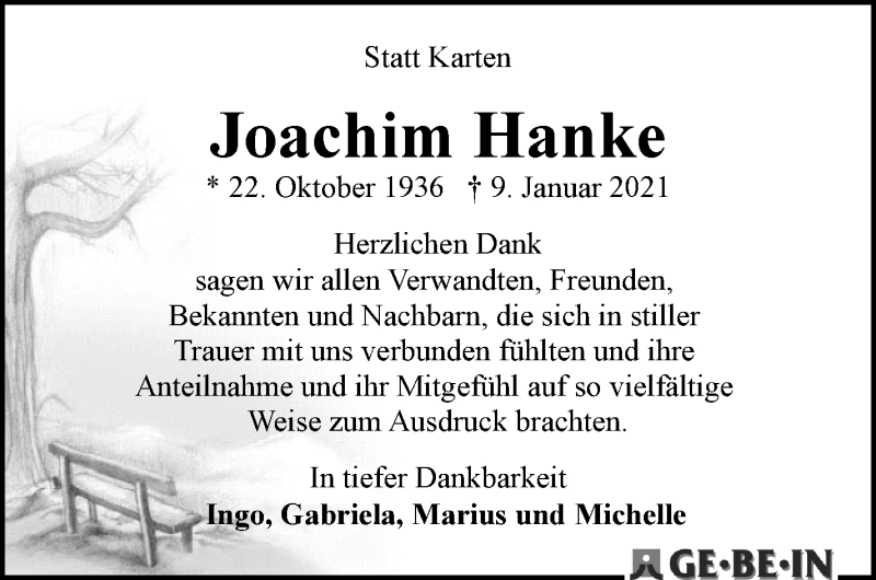 Traueranzeige von Joachim Hanke von WESER-KURIER