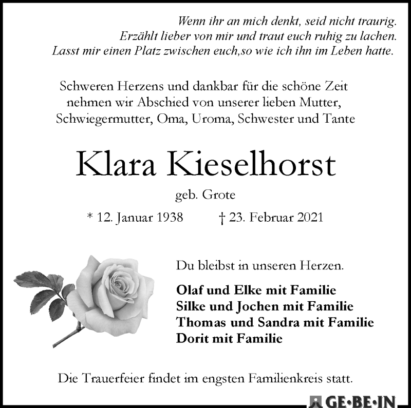 Traueranzeige von Klara Kieselhorst von WESER-KURIER