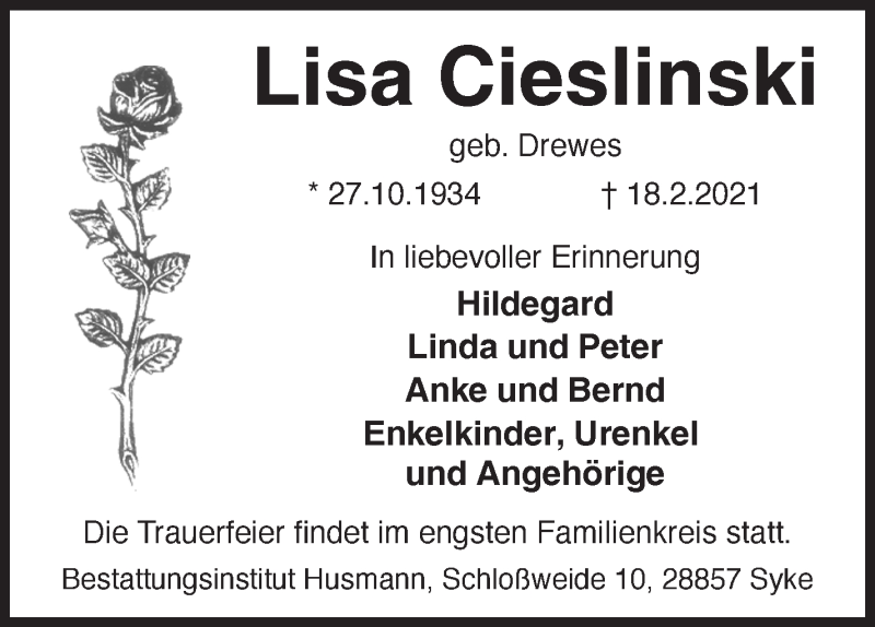 Traueranzeige von Lisa Cieslinski von WESER-KURIER