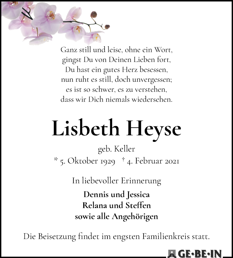 Traueranzeige von Lisbeth Heyse von WESER-KURIER