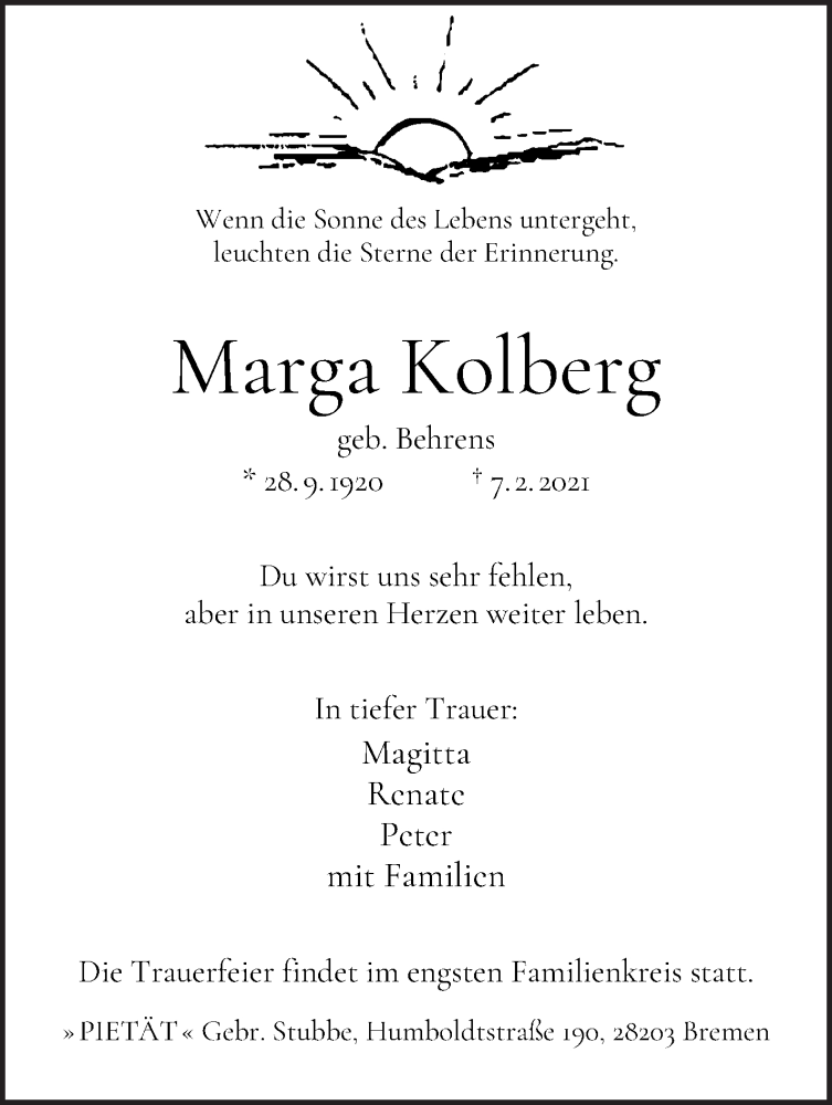 Traueranzeige von Marga Kolberg von WESER-KURIER
