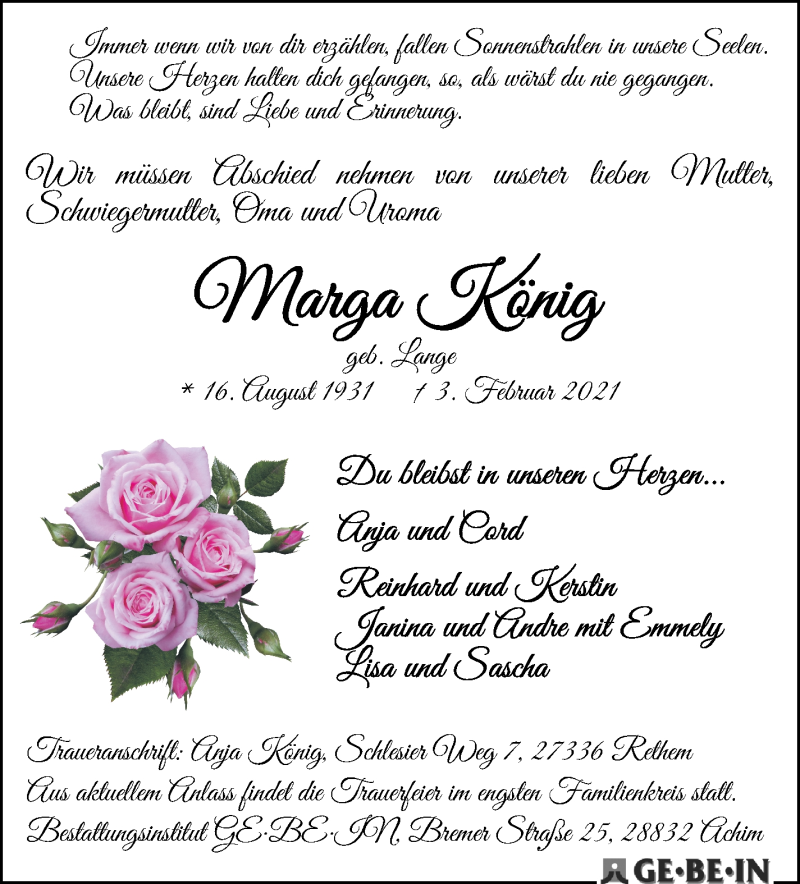 Traueranzeige von Marga König von WESER-KURIER