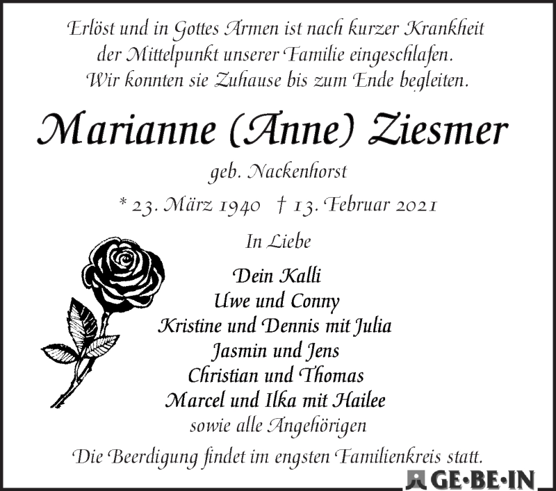 Traueranzeige von Marianne (Anne) Ziesmer von WESER-KURIER