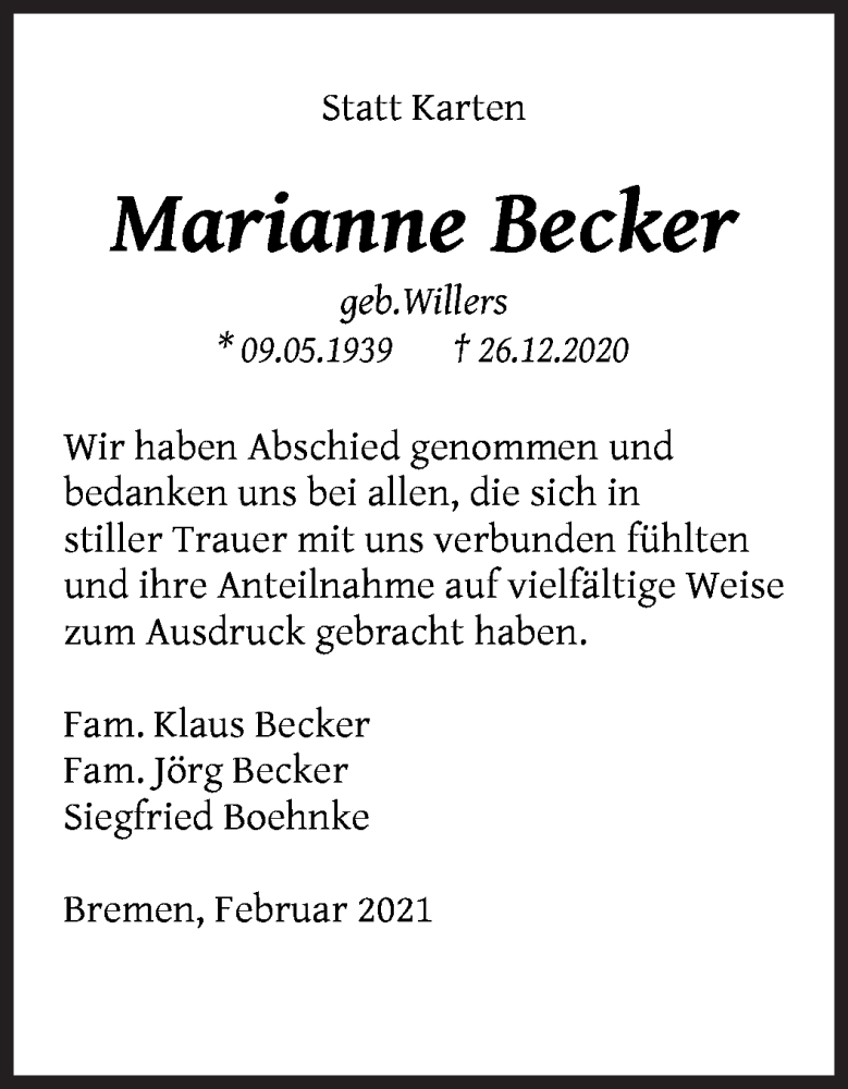 Traueranzeige von Marianne  Becker von WESER-KURIER
