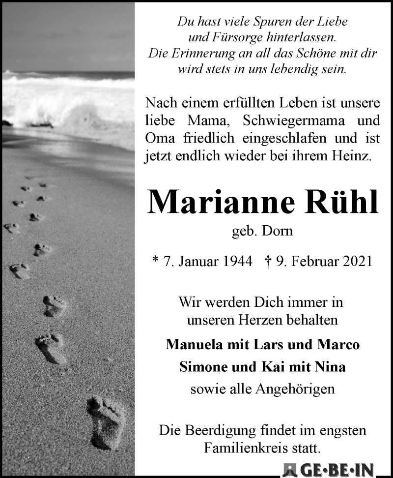 Traueranzeige von Marianne Rühl von WESER-KURIER