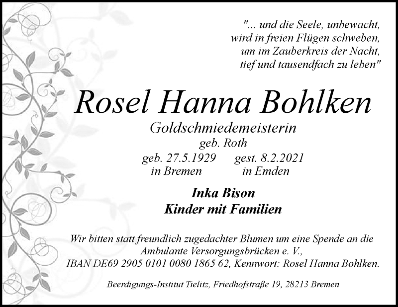 Traueranzeige von Rosel Hanna Bohlken von WESER-KURIER
