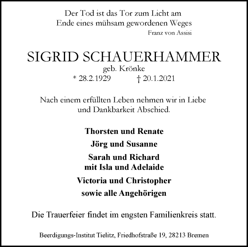 Traueranzeige von Sigrid Schauerhammer von WESER-KURIER