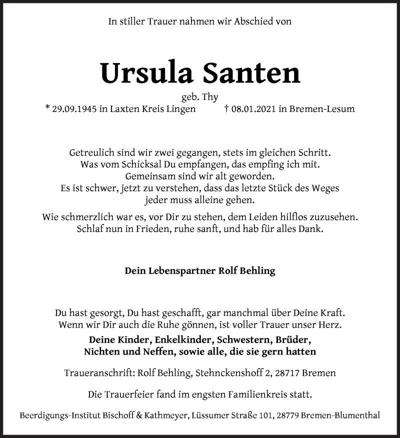 Traueranzeige von Ursula Santen von Die Norddeutsche