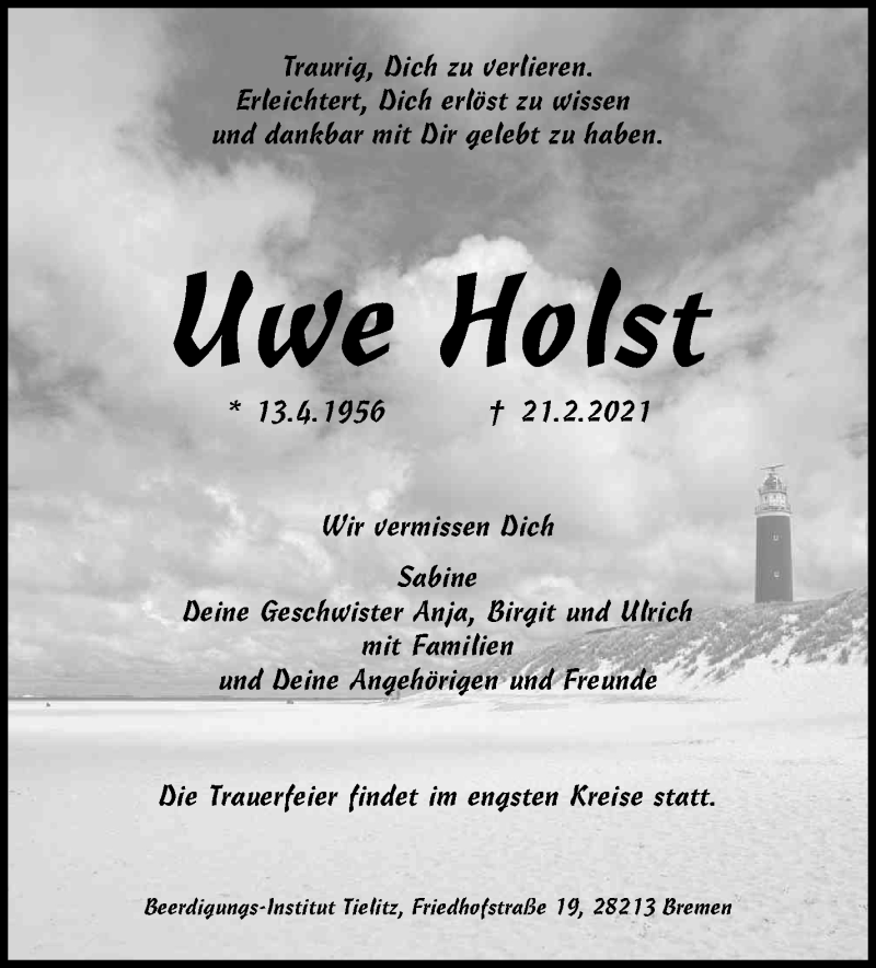 Traueranzeige von Uwe Holst von WESER-KURIER