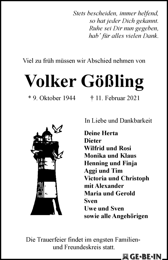 Traueranzeige von Volker Gößling von WESER-KURIER