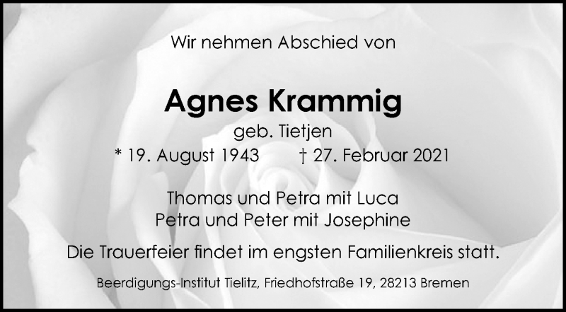 Traueranzeige von Agnes Krammig von WESER-KURIER