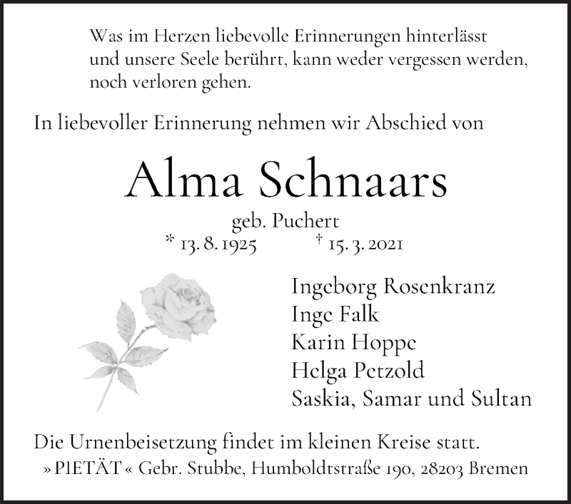 Traueranzeige von Alma Schnaars von WESER-KURIER