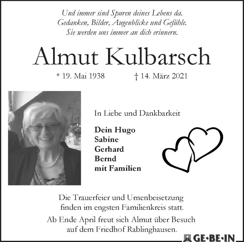 Traueranzeige von Almut Kulbarsch von WESER-KURIER