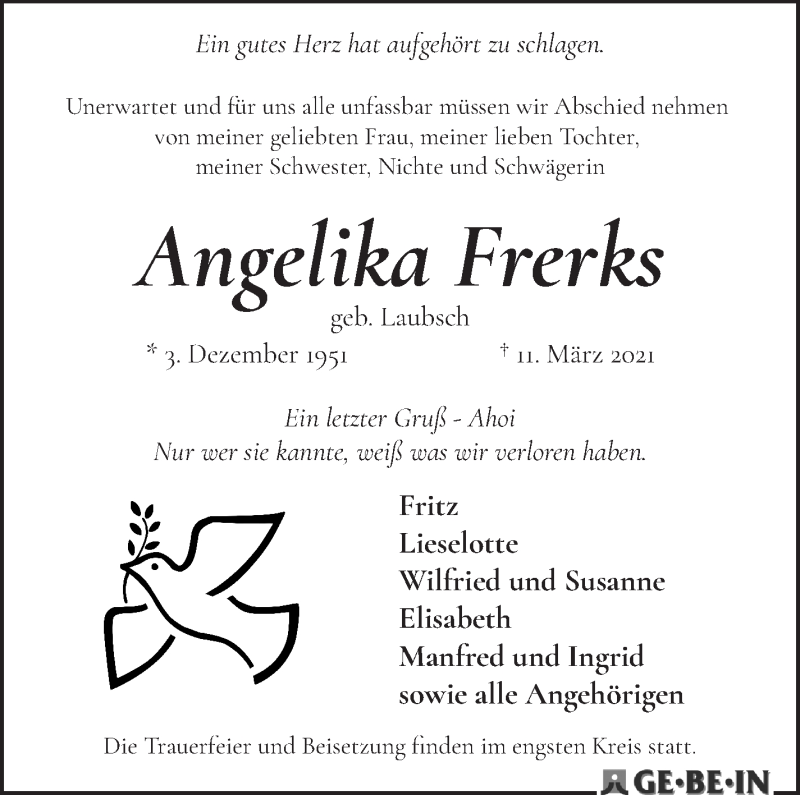 Traueranzeige von Angelika Frerks von WESER-KURIER