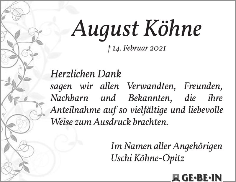 Traueranzeige von August Köhne von WESER-KURIER