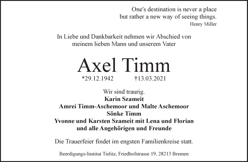 Traueranzeige von Axel Timm von WESER-KURIER