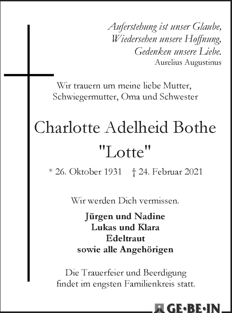 Traueranzeige von Charlotte Adelheid 