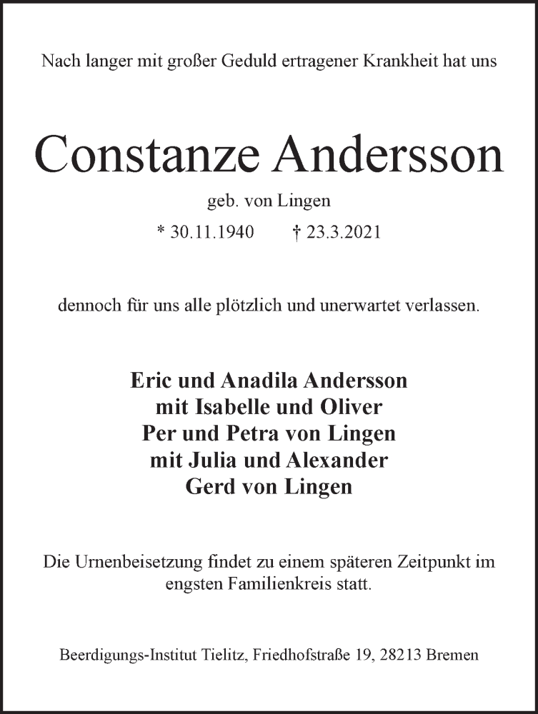 Traueranzeige von Constanze Andersson von WESER-KURIER