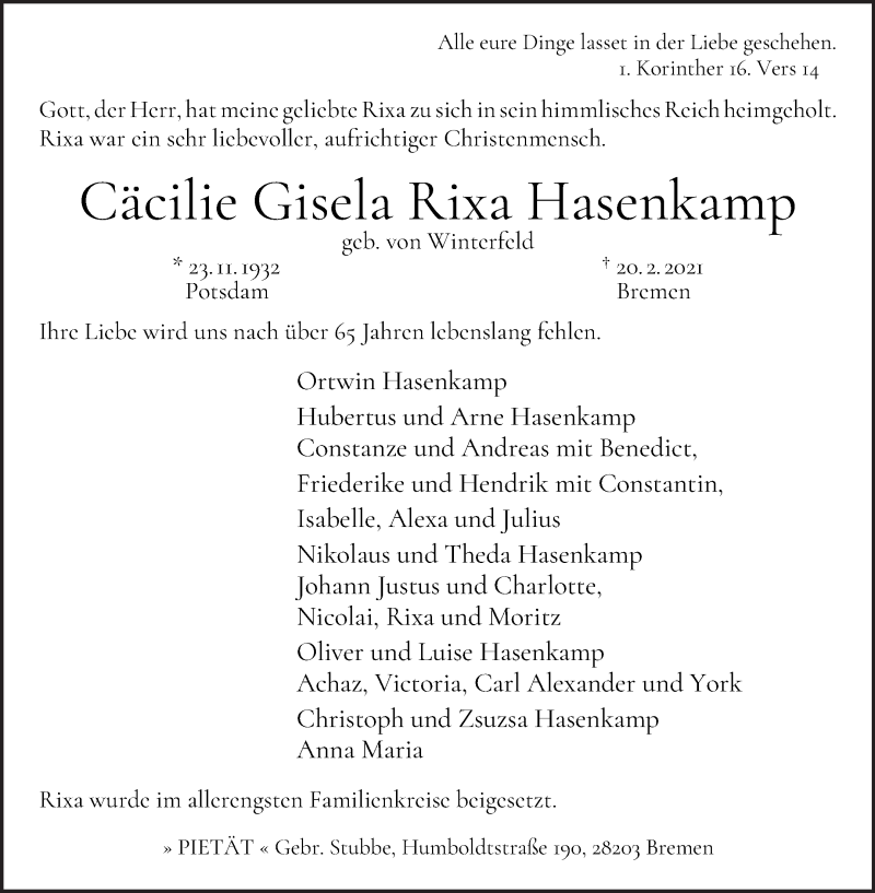 Traueranzeige von Cäcilie Gisela Rixa Hasenkamp von WESER-KURIER
