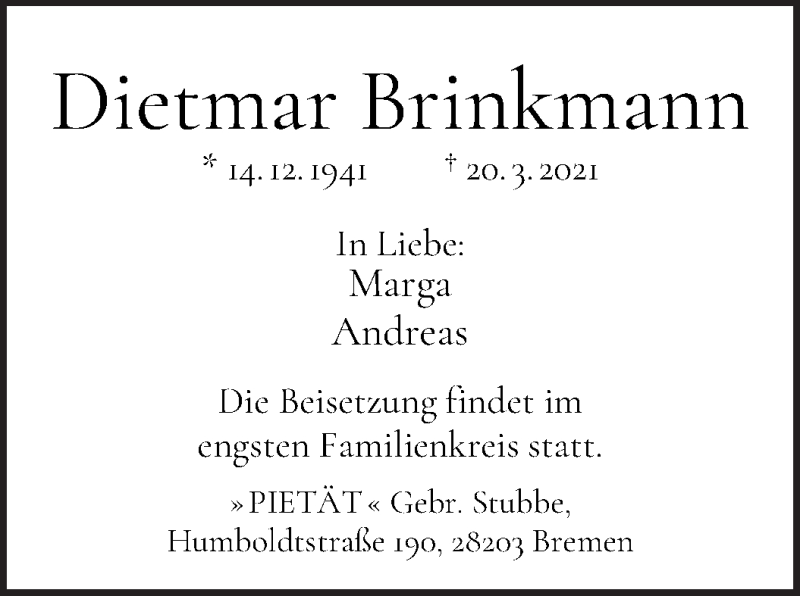 Traueranzeige von Dietmar Brinkmann von WESER-KURIER