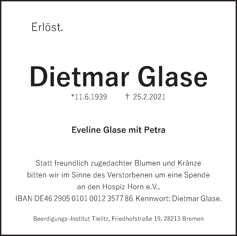 Traueranzeige von Dietmar Glase von WESER-KURIER