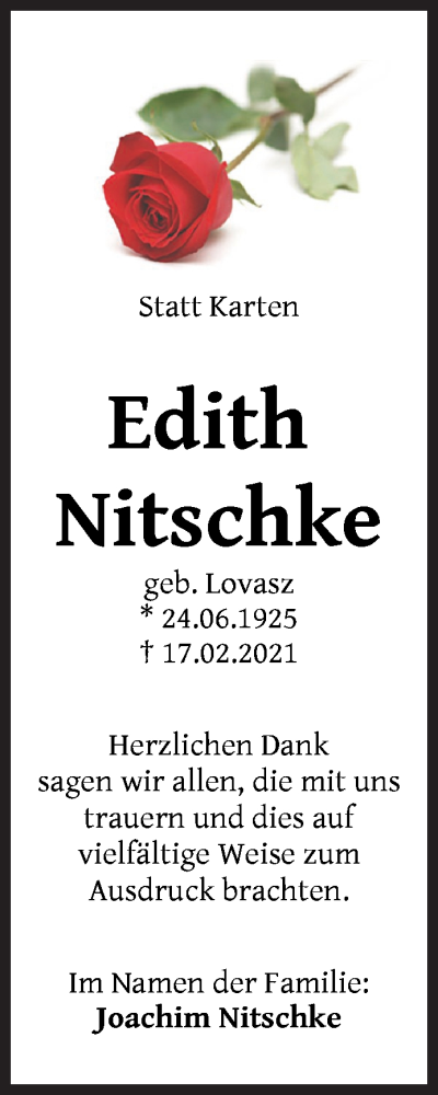 Traueranzeige von Edith Nitschke von Die Norddeutsche