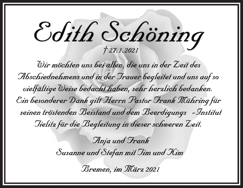 Traueranzeige von Edith Schöning von WESER-KURIER
