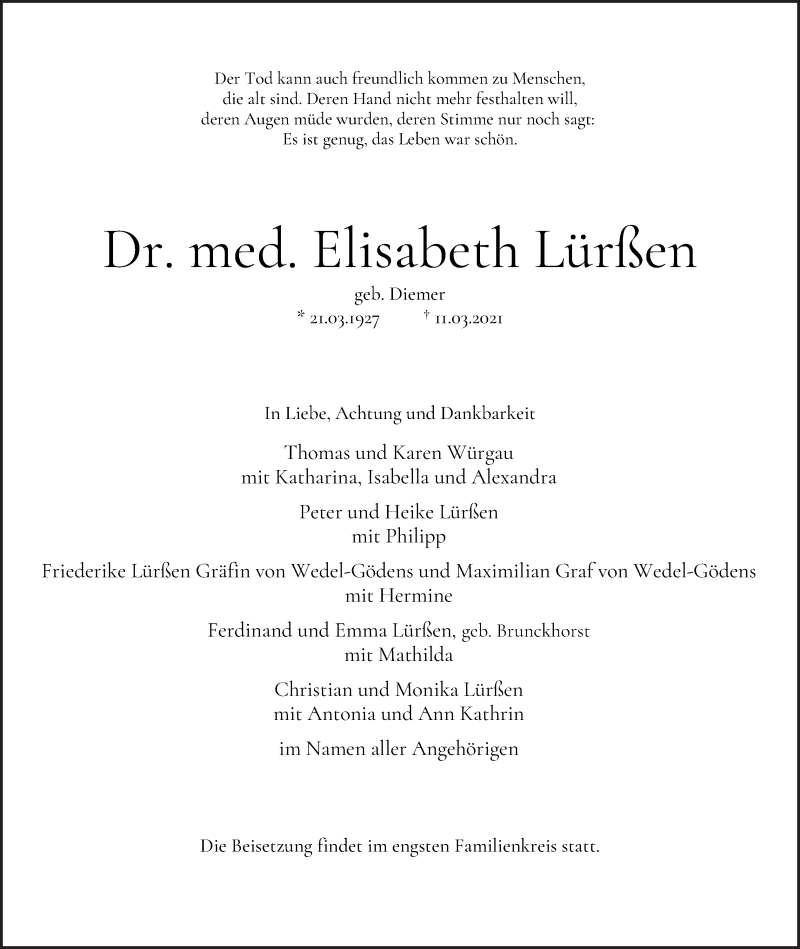 Traueranzeige von Elisabeth Lürßen von WESER-KURIER