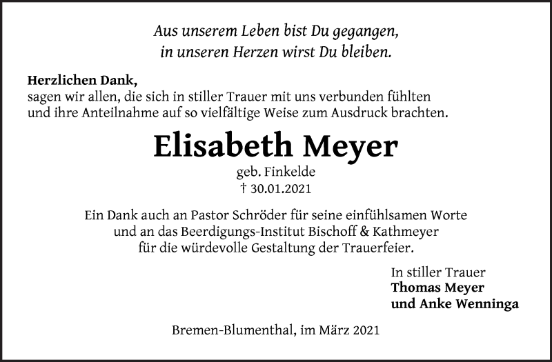 Traueranzeige von Elisabeth Meyer von Die Norddeutsche