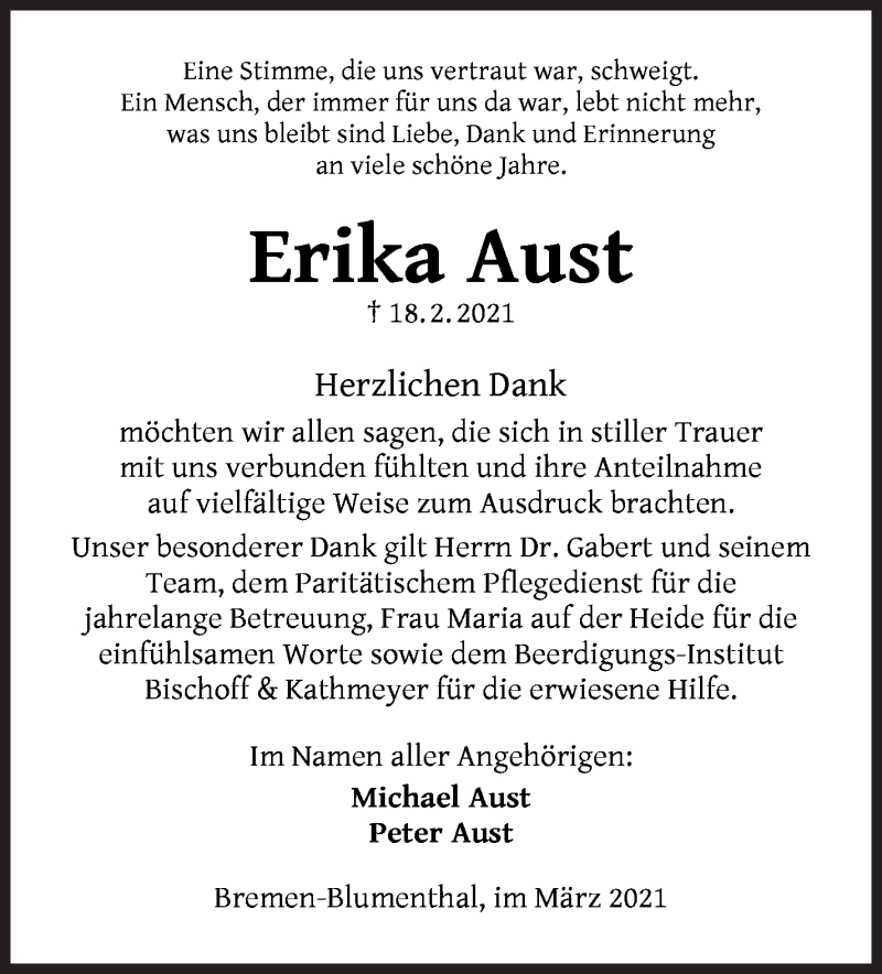 Traueranzeige von Erika Aust von Die Norddeutsche
