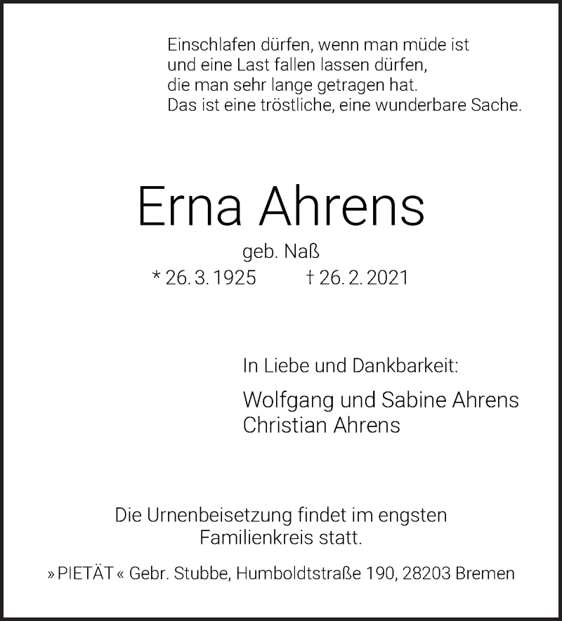 Traueranzeige von Erna Ahrens von WESER-KURIER