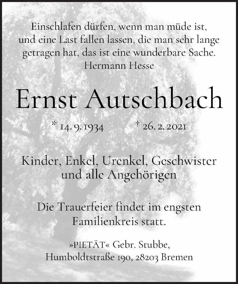Traueranzeige von Ernst Autschbach von WESER-KURIER