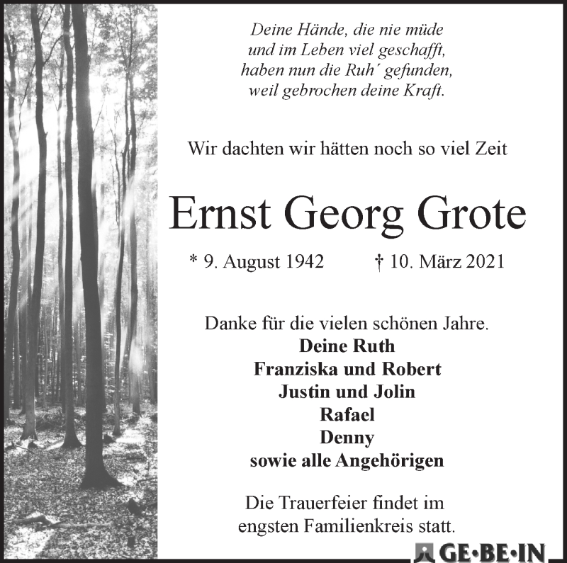 Traueranzeige von Ernst Georg Grote von WESER-KURIER