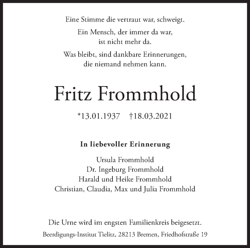 Traueranzeige von Fritz Frommhold von WESER-KURIER