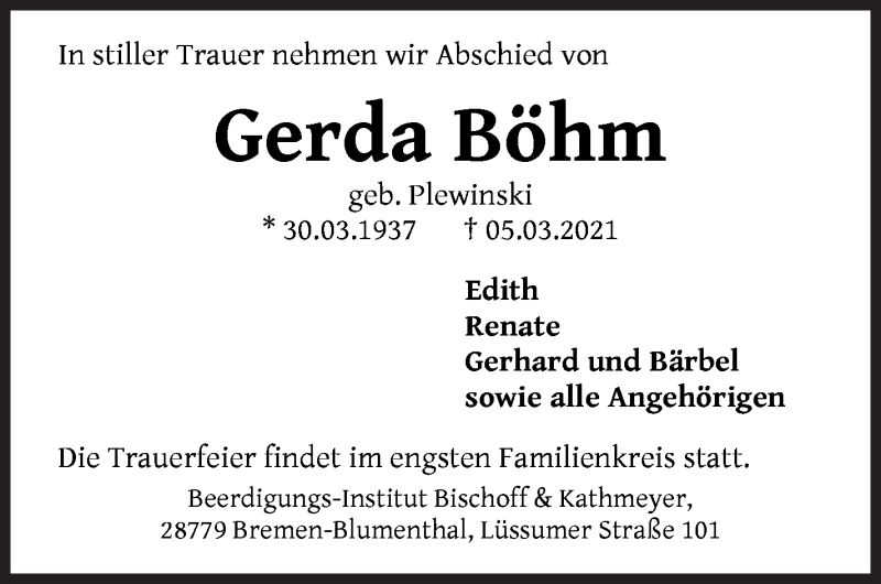 Traueranzeige von Gerda Böhm von Die Norddeutsche