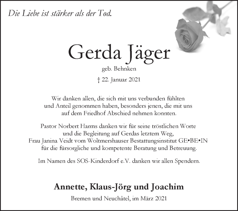 Traueranzeige von Gerda Jäger von WESER-KURIER