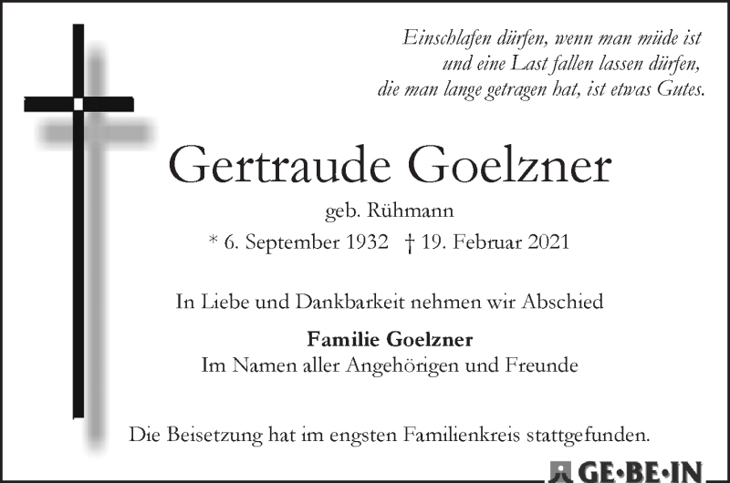 Traueranzeige von Gertraude Goelzner von WESER-KURIER